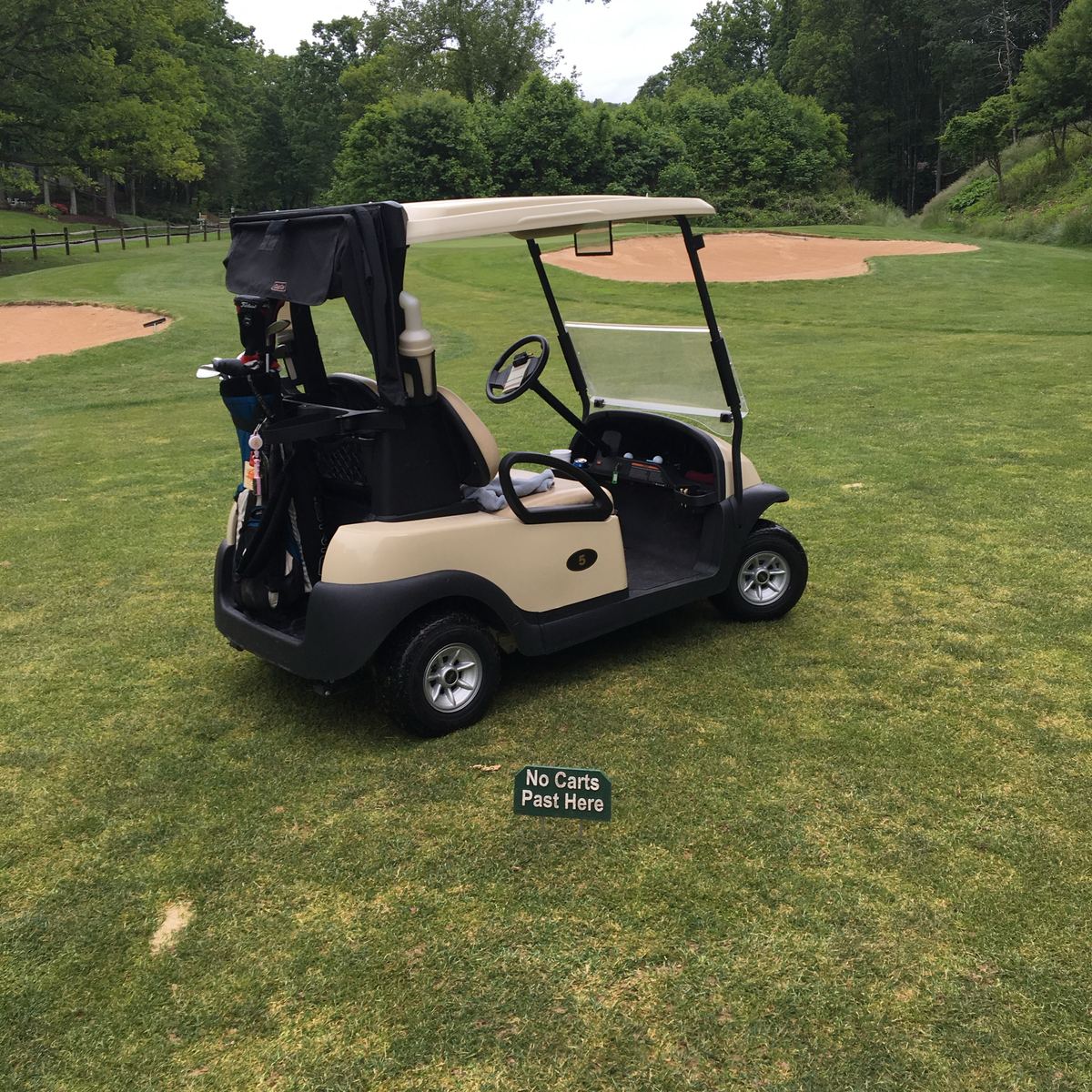 The original No Carts Past Here sign, with a cart parked past it