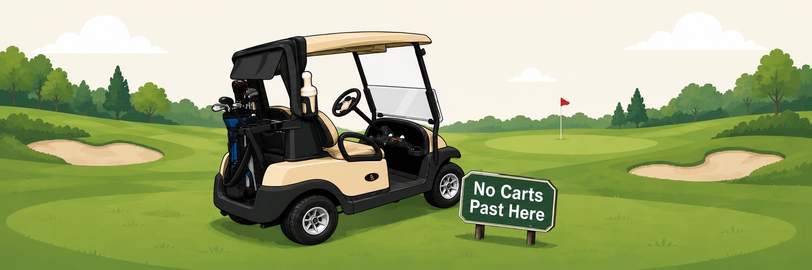 A golf cart parked, conservatively, past the No Carts Past Here sign