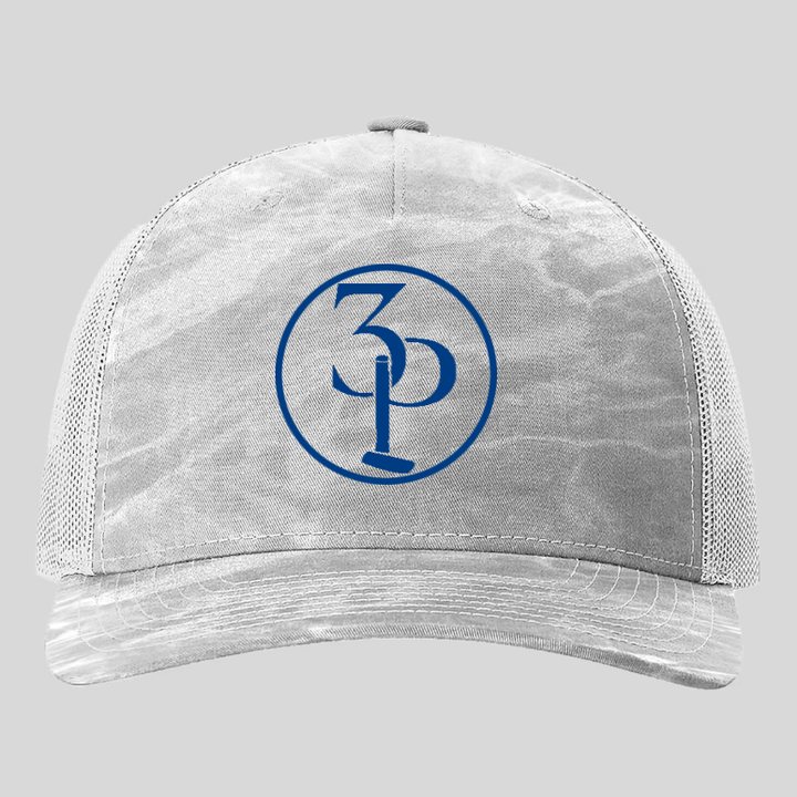 3P trucker hat — gray camo mesh cap with royal blue circled 3P monogram
