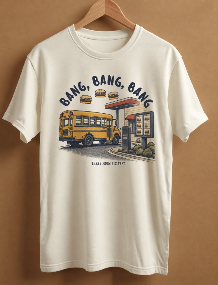 Bang, Bang, Bang tee — school bus with three cheeseburgers