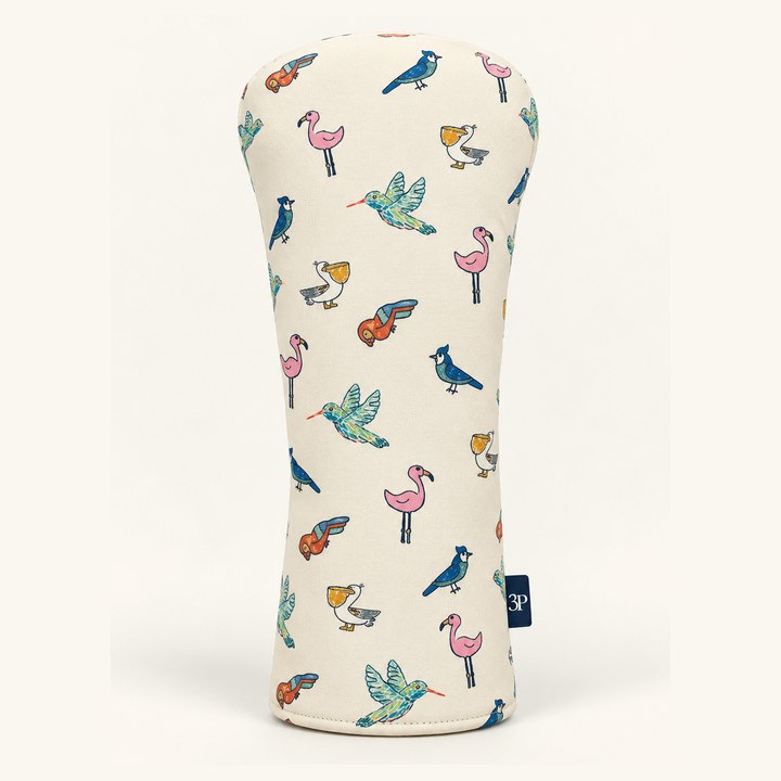 Aviary driver head cover &mdash; cream driver head cover with a repeating print of five hand-drawn birds and a 3P tab at the seam