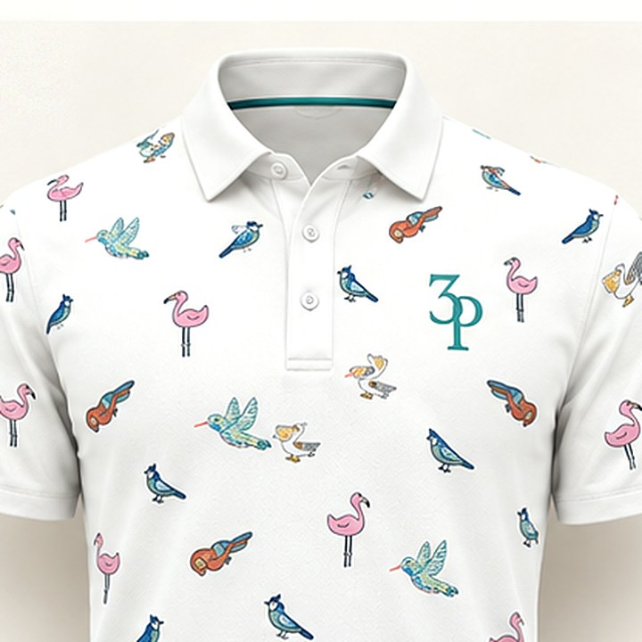Aviary performance polo &mdash; cream golf polo with a repeating print of five hand-drawn birds and a 3P monogram at the chest