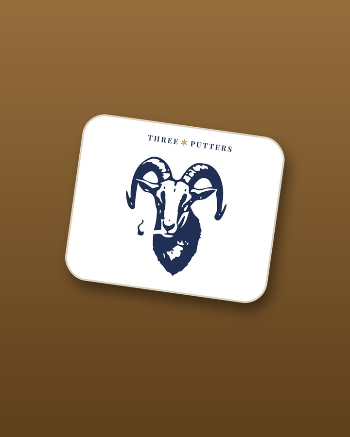 Goat Hill '06 decal — engraved goat smoking a cigarette beneath the Three Putters wordmark