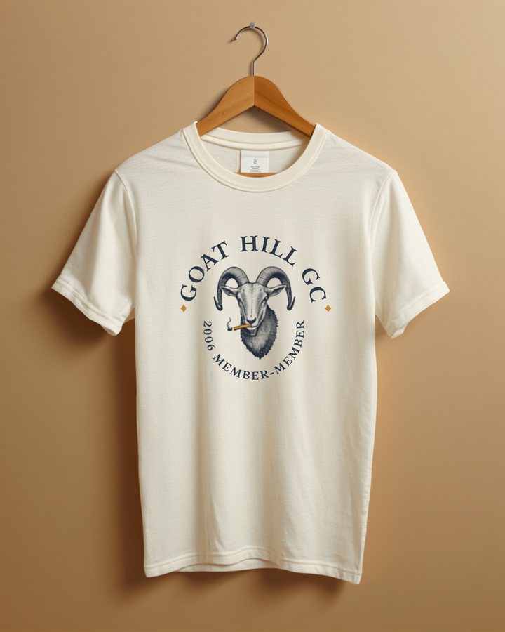 Goat Hill Member-Member tee — engraved goat smoking a cigarette
