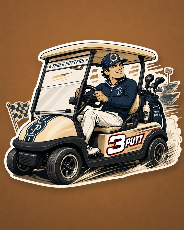 The Intimidator decal — die-cut sticker of a golf cart in Three Putters racing livery