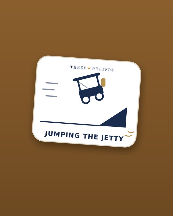 Jumping the Jetty die-cut decal — golf cart airborne off a ramp