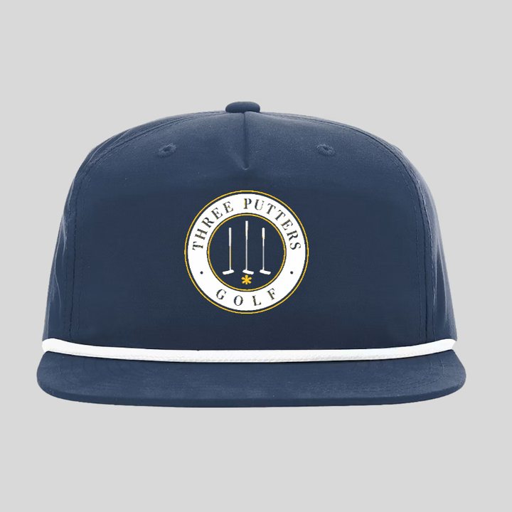 Three Putters Golf rope hat — navy cap with circular club seal