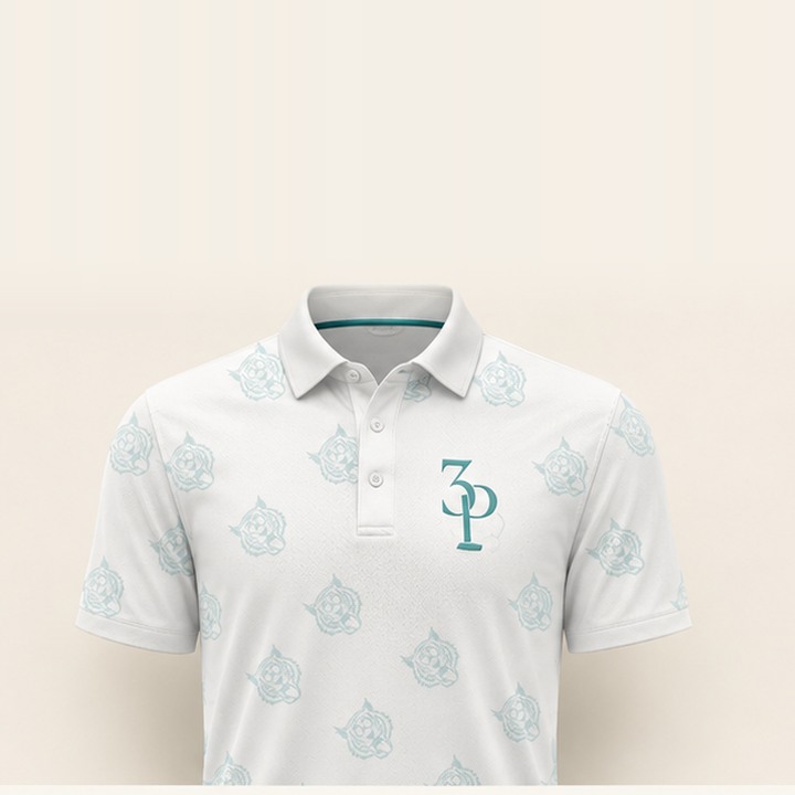 Saber Tooth performance polo — cream golf polo with turquoise saber-toothed tiger diagonal repeat and turquoise 3P monogram