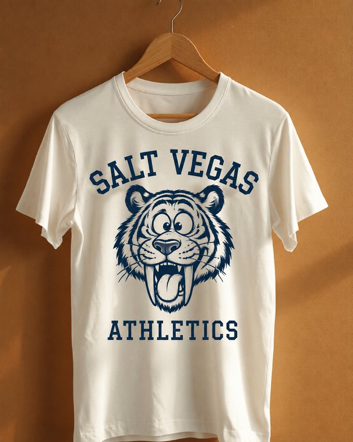 Salt Vegas Athletics tee — wide-eyed tiger mascot with tongue out