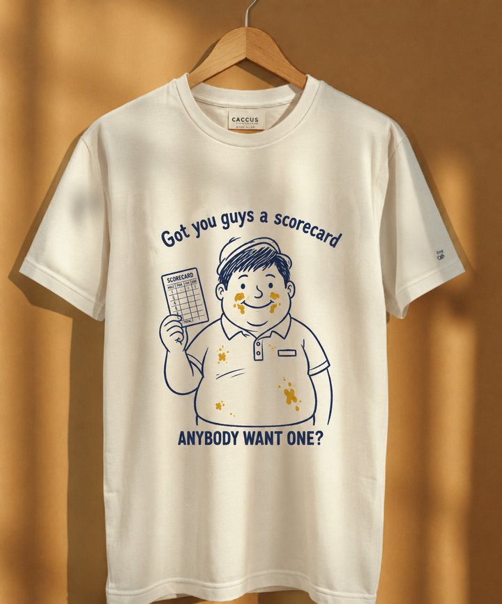 Anybody Want One? tee — kid holding a single scorecard