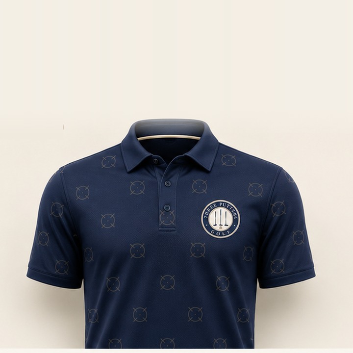 Club Seal performance polo — navy golf polo with tonal crosshair diagonal repeat and circular club seal at the chest