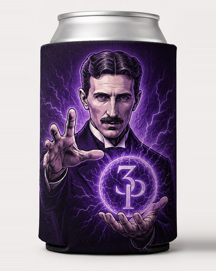 Three Phase koozie — purple can sleeve with Nikola Tesla holding a glowing 3P orb
