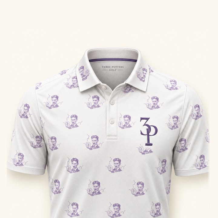 Three Phase performance polo — white golf polo with a tonal purple Nikola Tesla repeat and purple 3P monogram at the chest