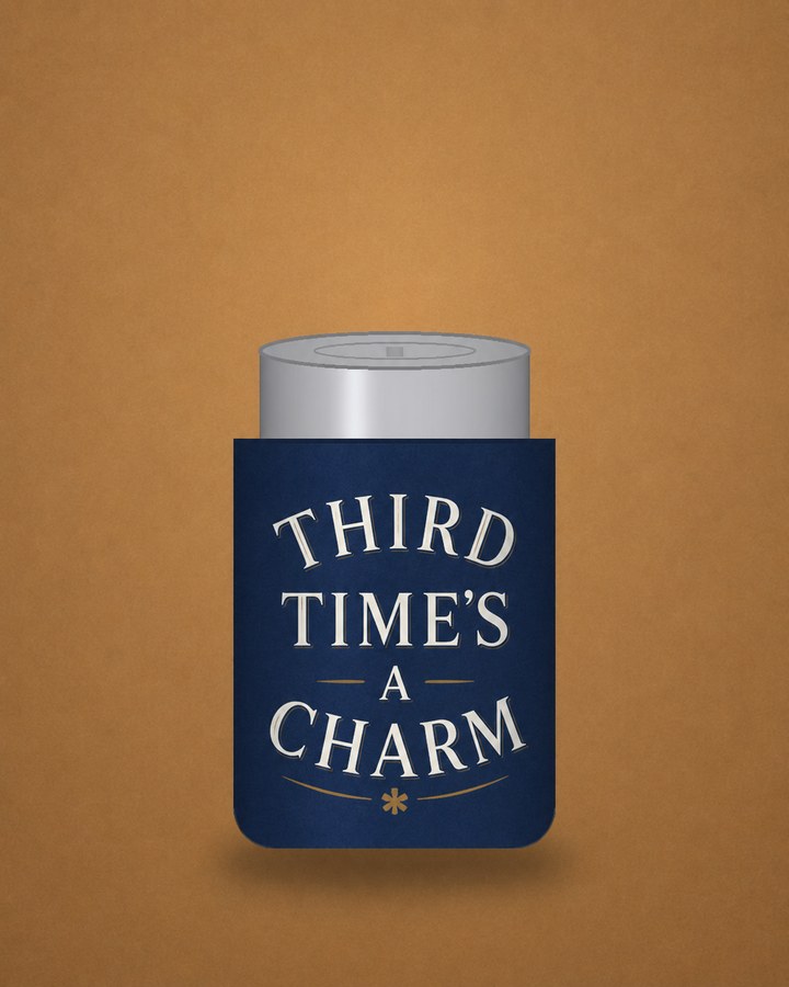 Third Time's a Charm koozie — navy can sleeve with cream lettering and a gold asterisk