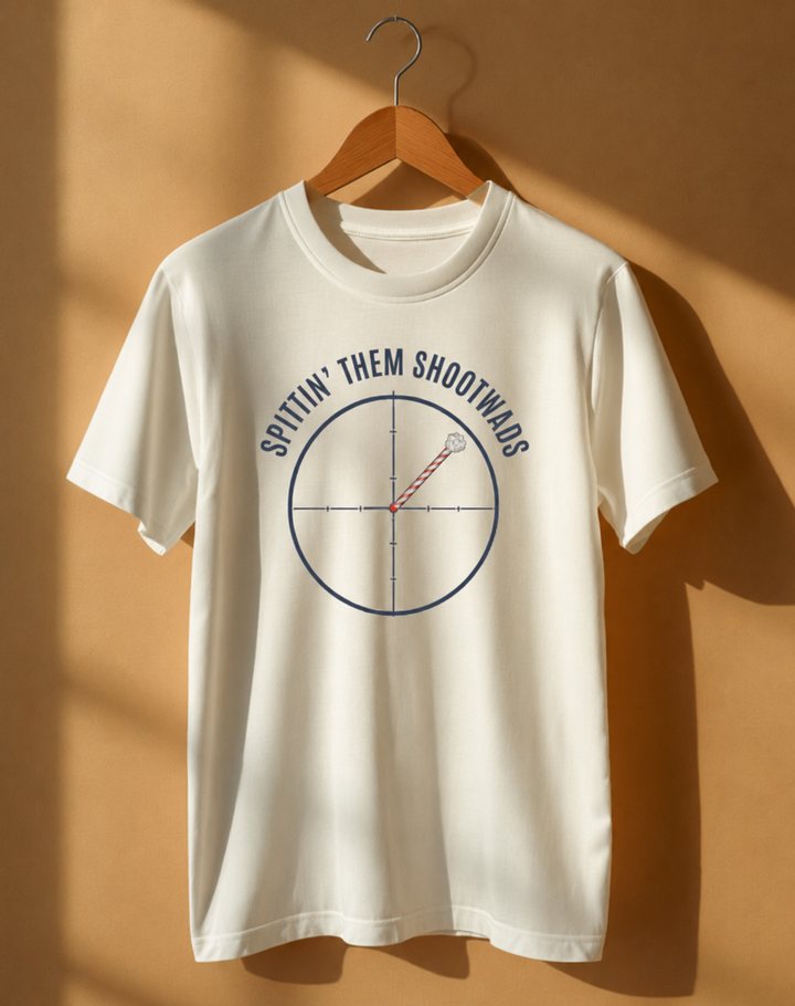 Spittin' Them Shootwads tee — crosshair reticle with straw